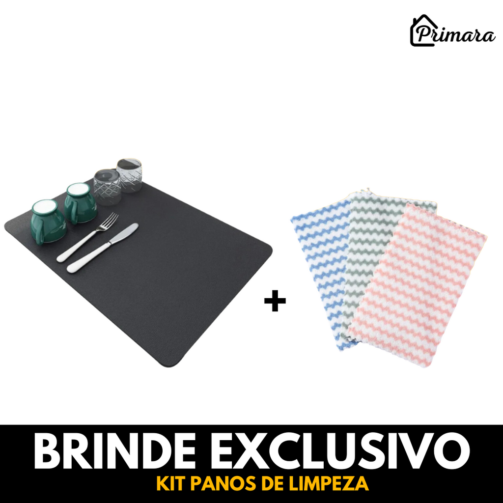 Tapete Escorredor de Louça Absorvente Primar™ + 3 Panos de Microfibra de Brinde