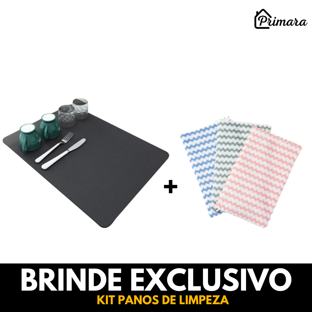 Tapete Escorredor de Louça Absorvente Primar™ + 3 Panos de Microfibra de Brinde